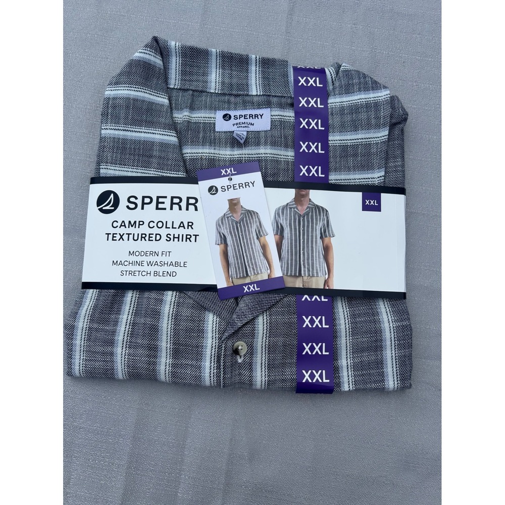 Sperry Mens Camp Collar Textured Shirt XXL Navy Grey Striped Modern Fit NWT